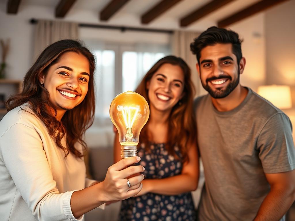 Família feliz economizando energia